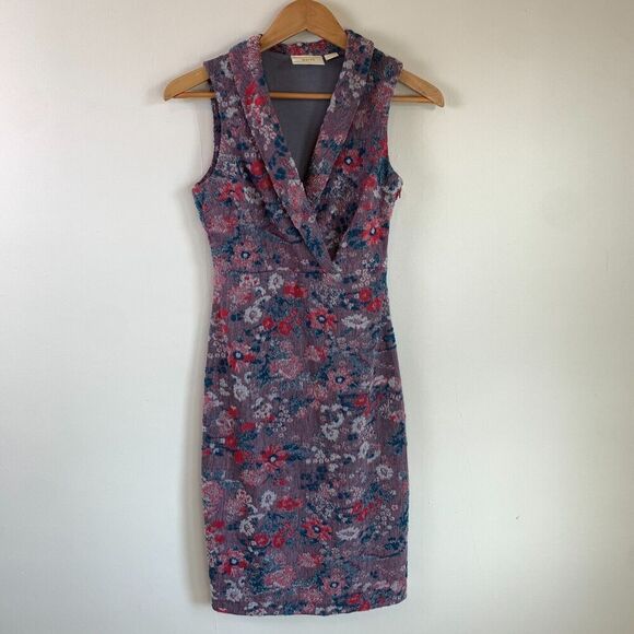 Anthropologie Maeve Jacquard Floral Sheath Dress Size 0P Purple Pink Sleeveless - Picture 2 of 9